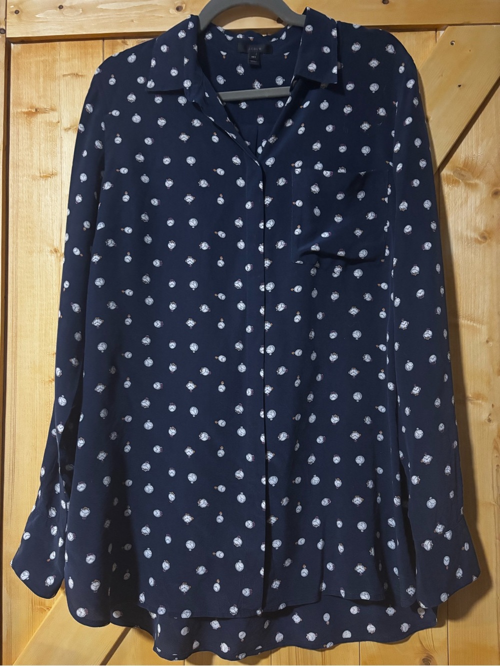 J. Crew 100% Silk Clock Print "Boy Shirt" – Navy Blue Women’s Size 16 Tall